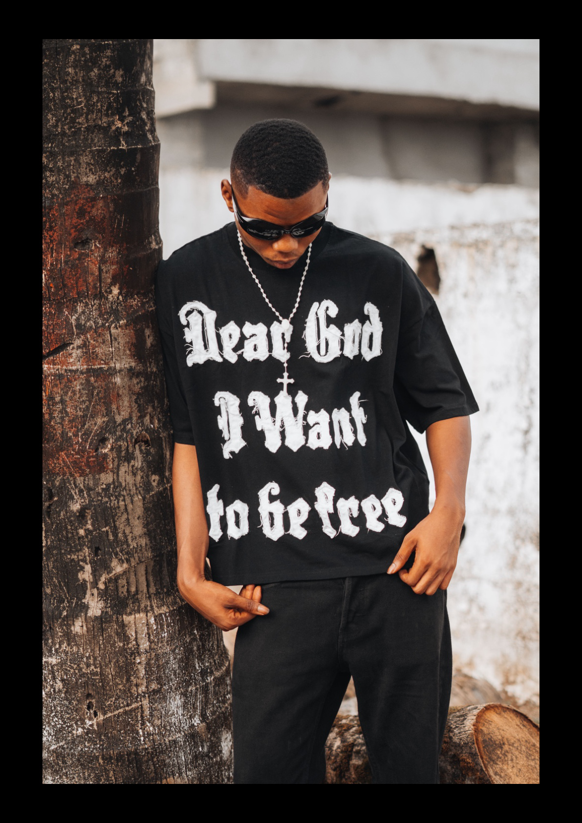 Model wearing Veda Nation Dear God I Want To Be Free shirt